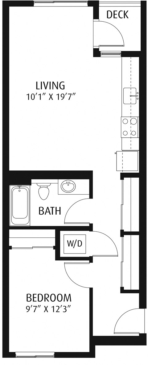 Floor plan for 1 bed, 1 bath, 676 sqft